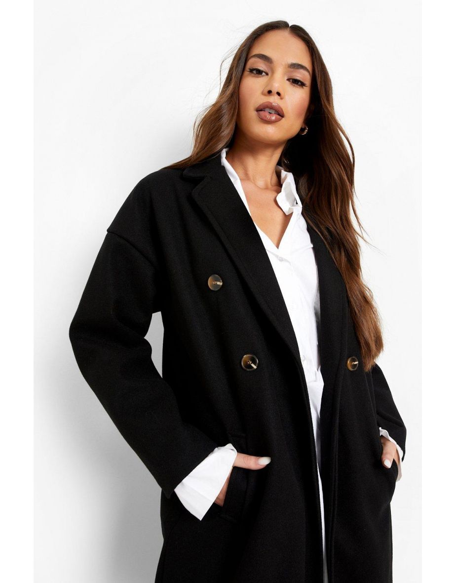Belted Double Breasted Wool Look Coat - black - 3