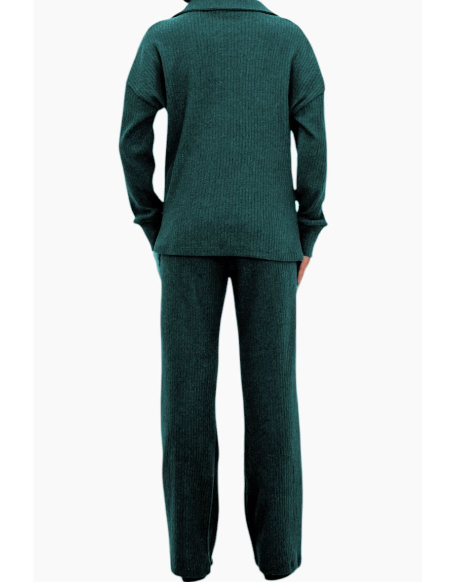 Women's Petrol Blue Polo Neck Top and Palazzo Pants Knitwear Bottom Top Set - 2
