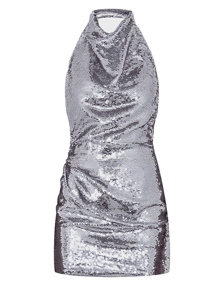 Designed by Naomi Campbell - Silver Sequin High Neck Backless Bodycon Dress - 5