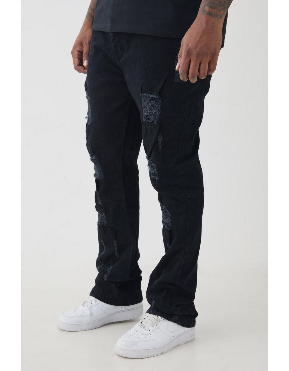 Plus Distressed Multi Ripped Skinny Flared Jeans - true black
