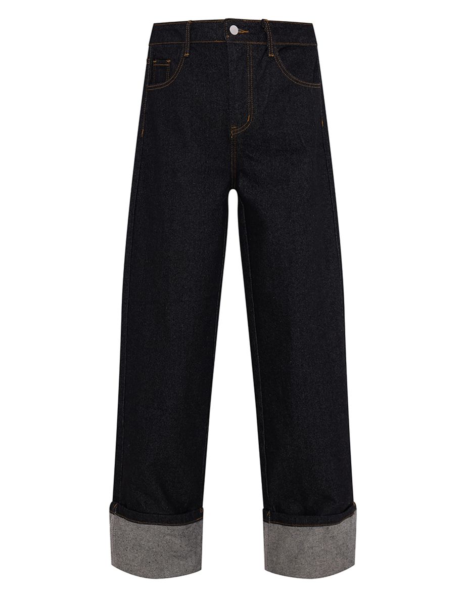 Raw Indigo Wash Contrast Stitch Turn Up Hem Wide Leg Jeans - 4