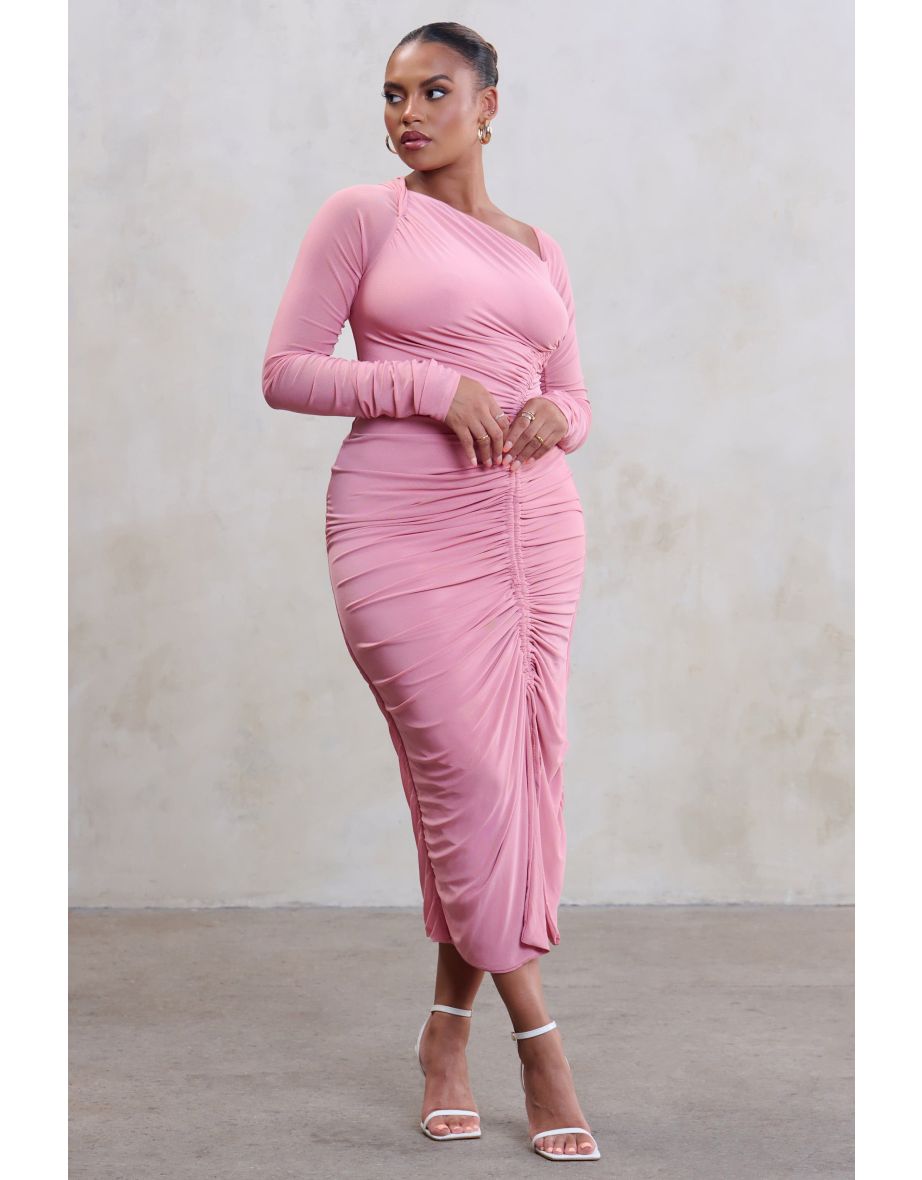 Curve Nude Ruched Mesh Long Sleeve Midi Dress - 3
