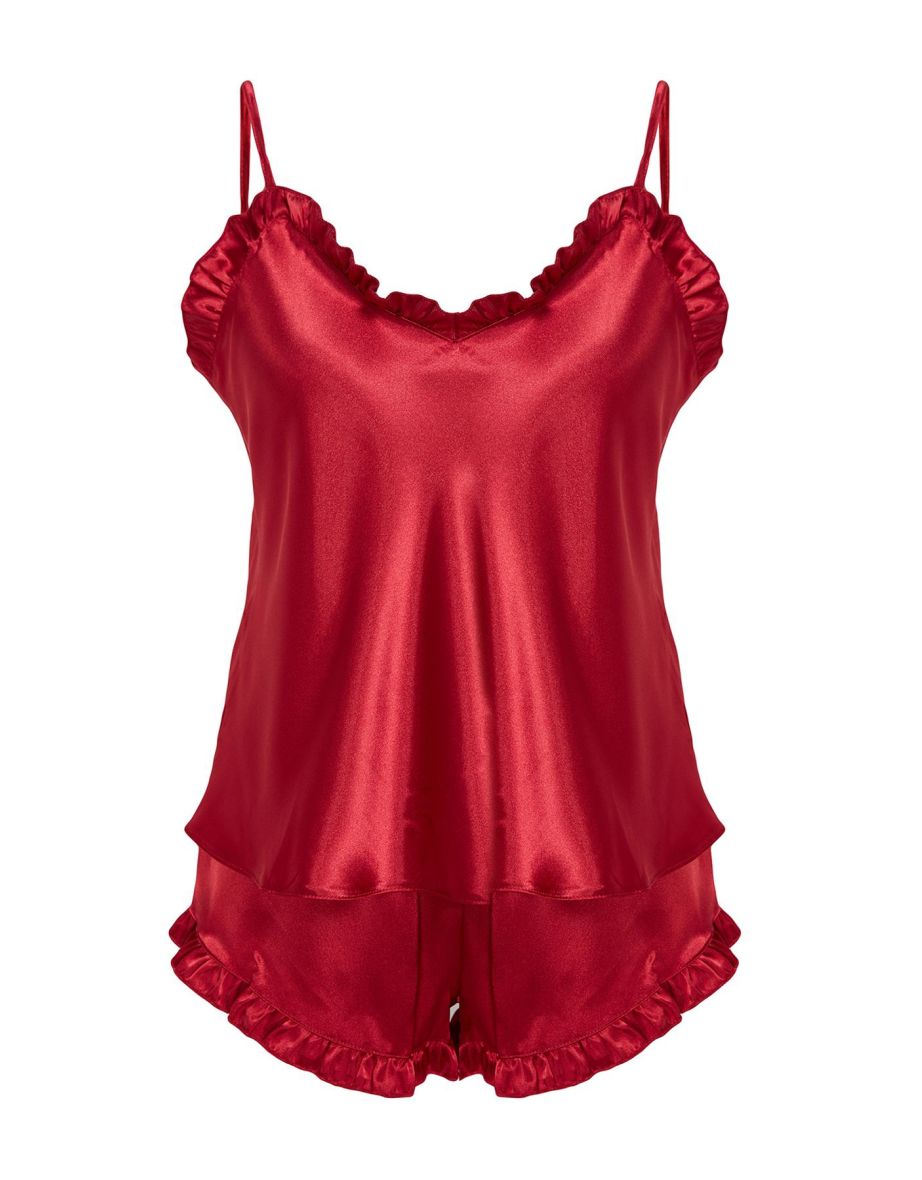 Burgundy Plain Lace/Mesh/Mesh Satin Woven Pajama Set - 6