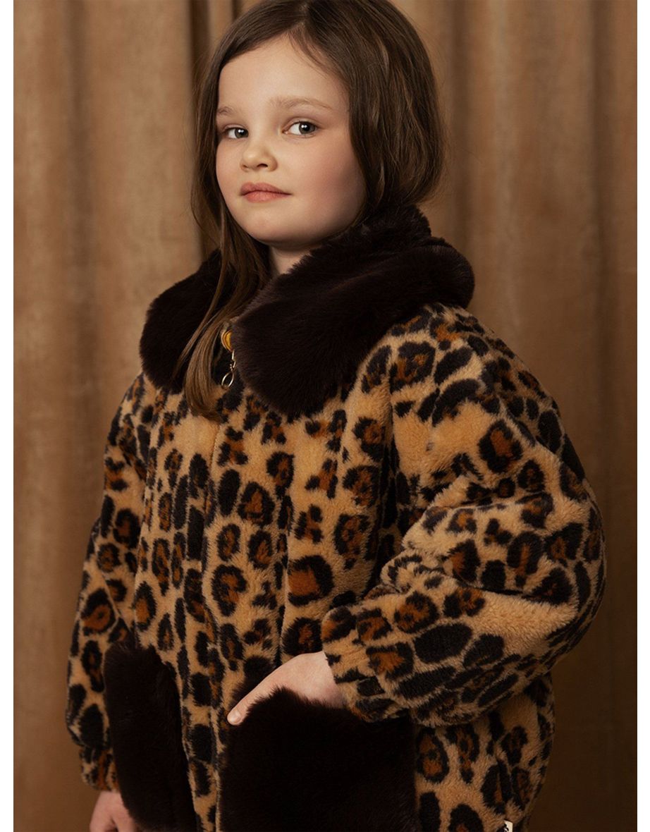 Girls Leopard Faux Fur Jacket in Brown