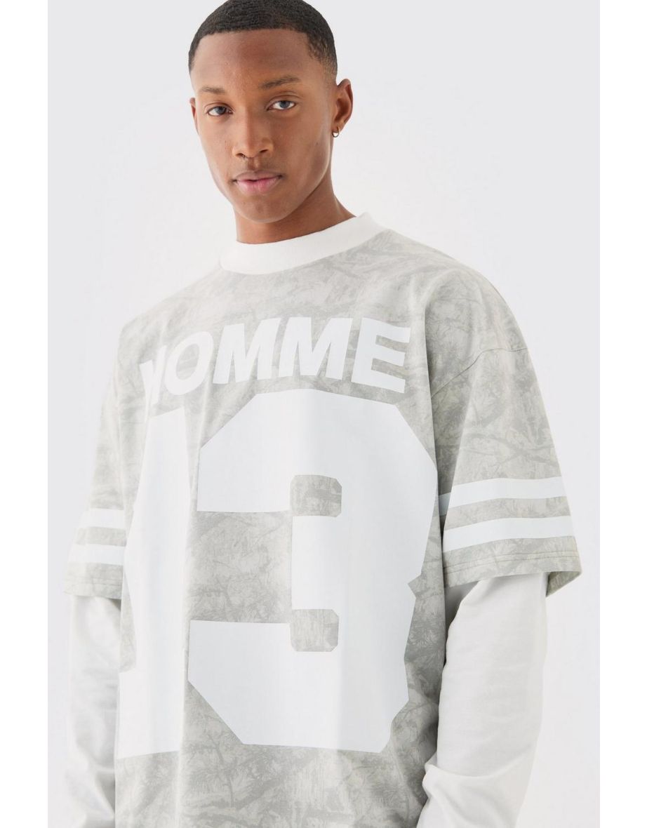 Oversized Camo Homme Print Layered T-shirt - stone - 2