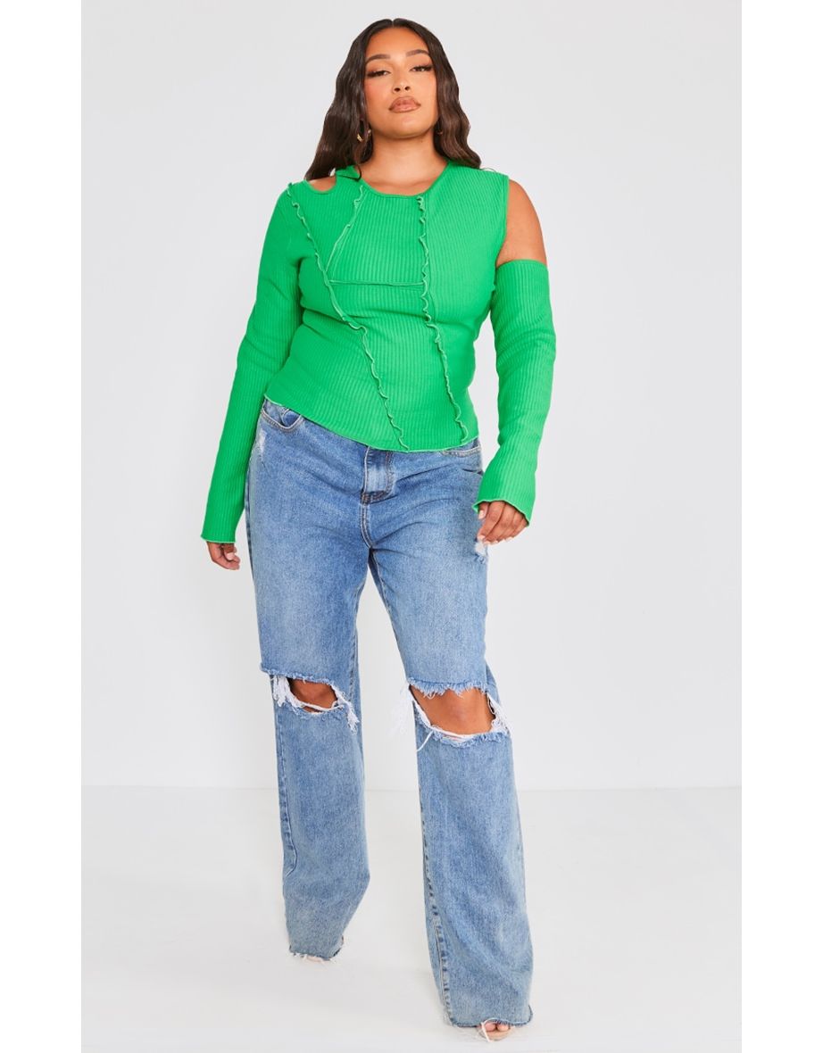 Plus Bright Green Rib Seam Detail Cold Shoulder Top