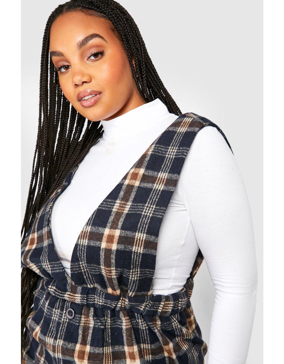 Plus Check Paperbag Waist Pinafore Dress - navy - 3