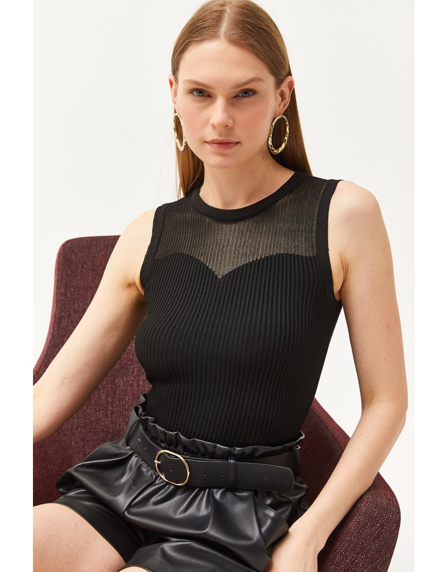 Women's Black Roba Sheer Ribbed Knitwear Blouse