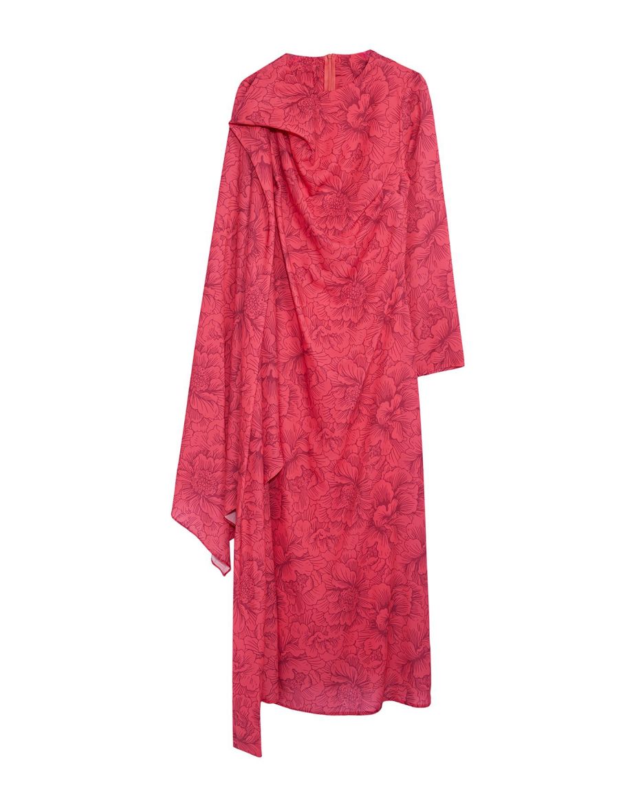Pink Shawl Collar Floral Patterned Woven Evening Dress - 6