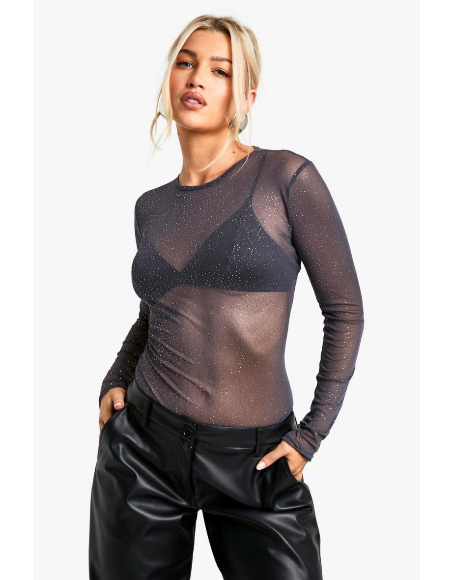 Glitter Mesh Long Sleeve Bodysuit - charcoal