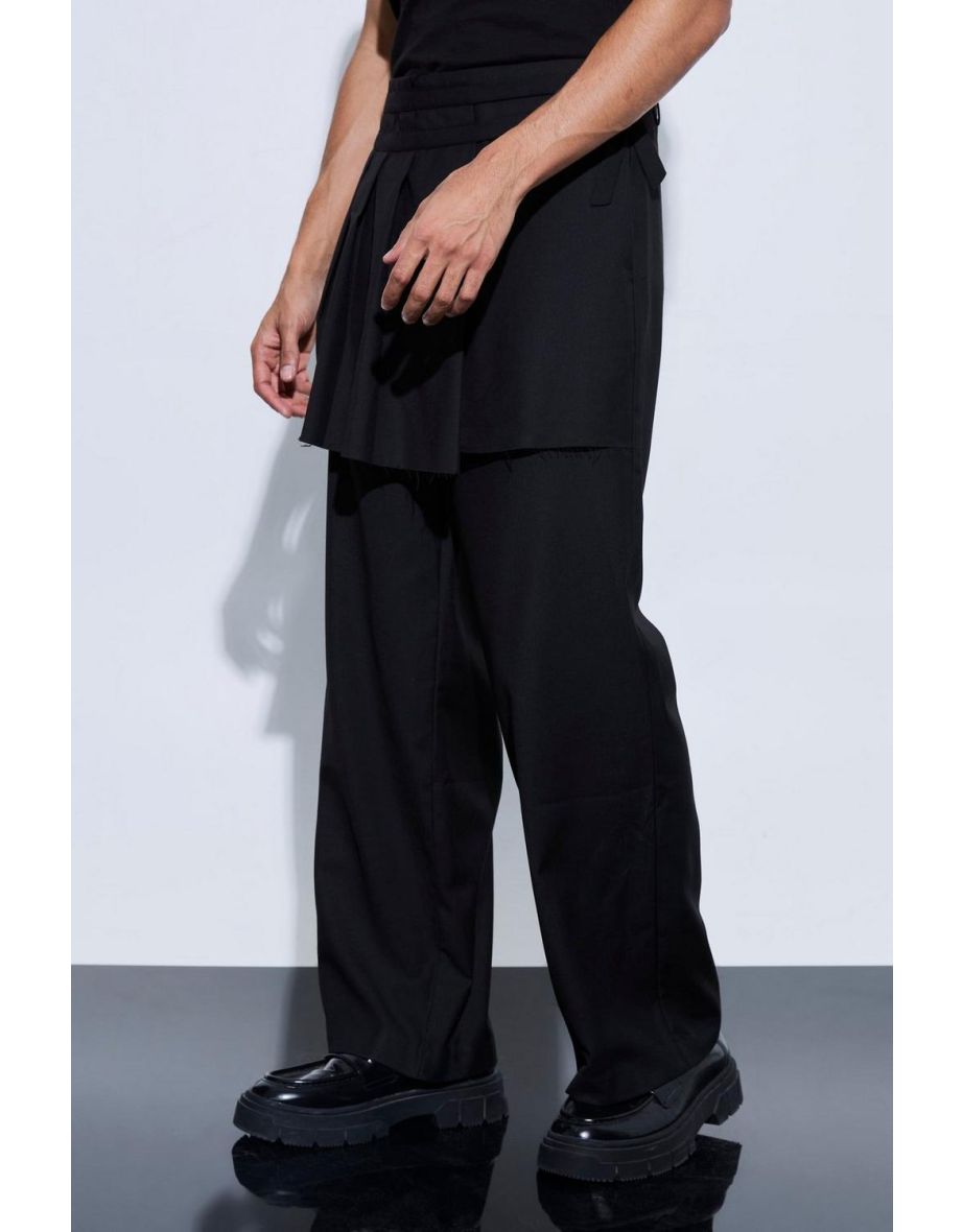 Buckle Kilt Overlay Wide Leg Trousers - black