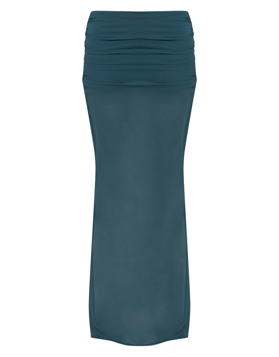 Forest Green Chiffon Fold Over Ruched Maxi Skirt - 4