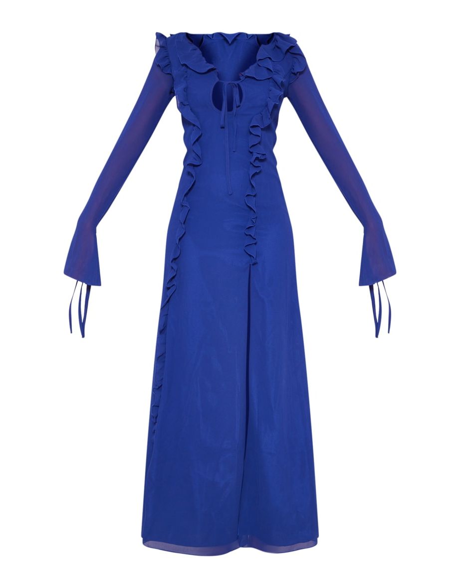 Tall Bright Blue Long Sleeve Frilled Maxi Dress - 4