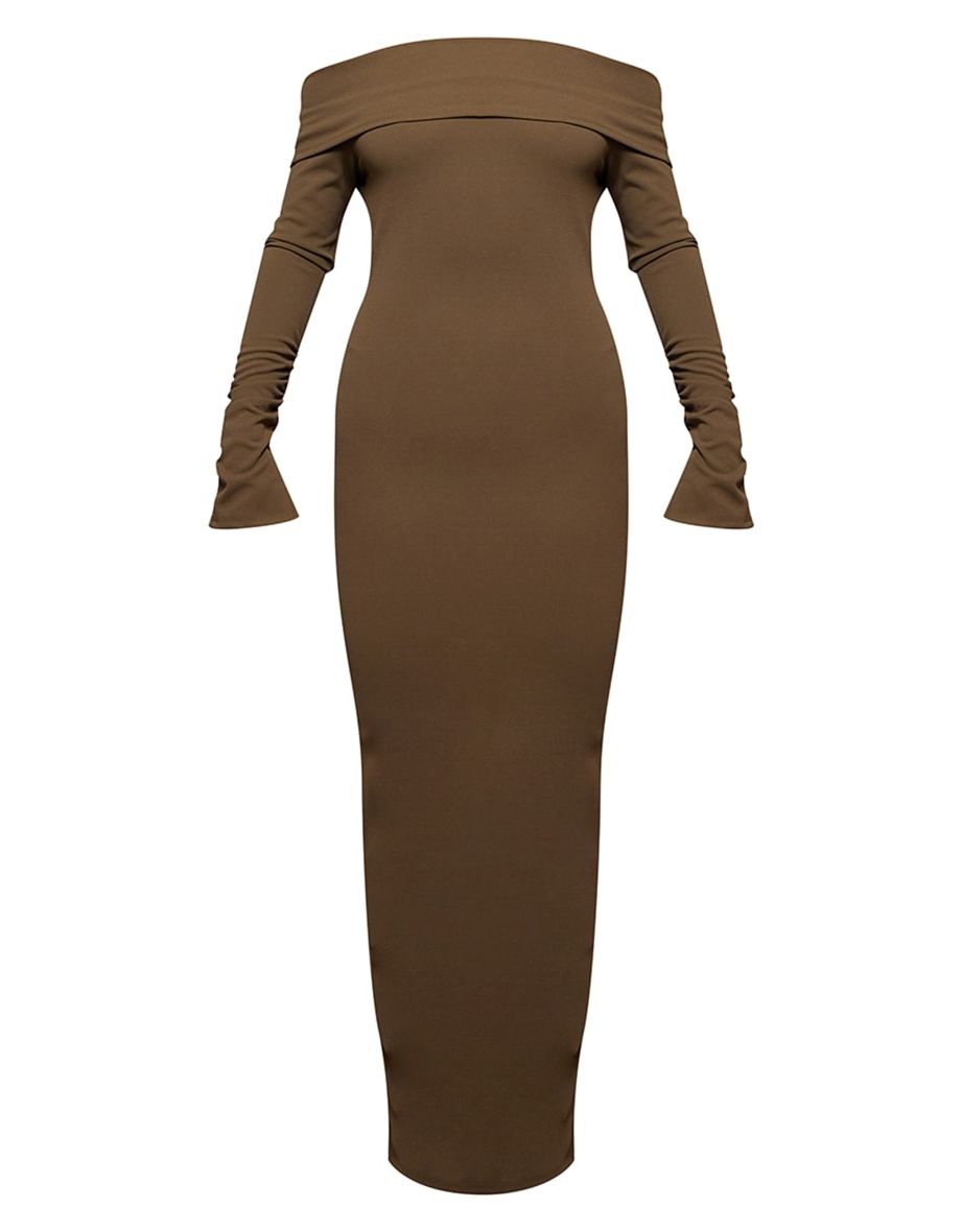 Khaki Crepe Long Sleeve Bardot Maxi Dress - 4