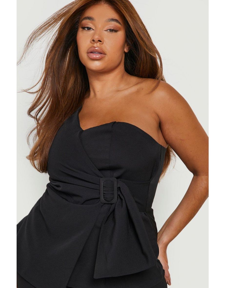 Plus Tailored One Shoulder Wrap Top - black - 3