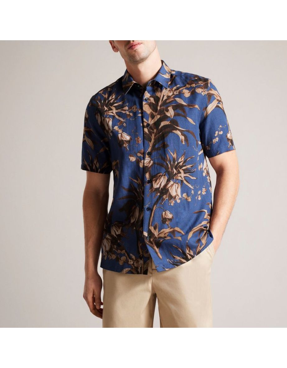 Men's Ted Baker Belmar Short Sleeve Linen Blend Shirt in Blue