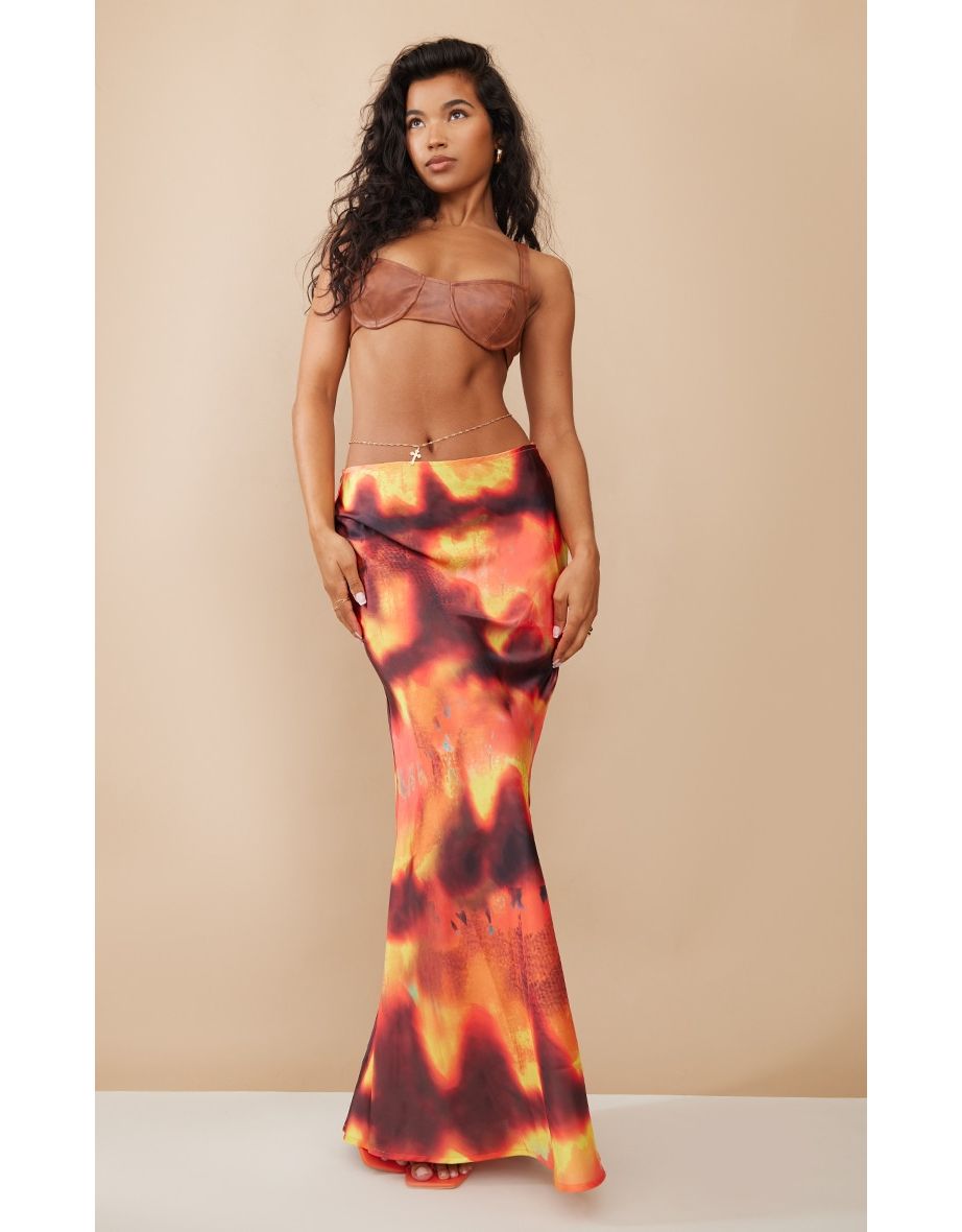 Shop Golden Brown Tie Dye Satin Basic Maxi Skirt Online in Qatar VogaCloset