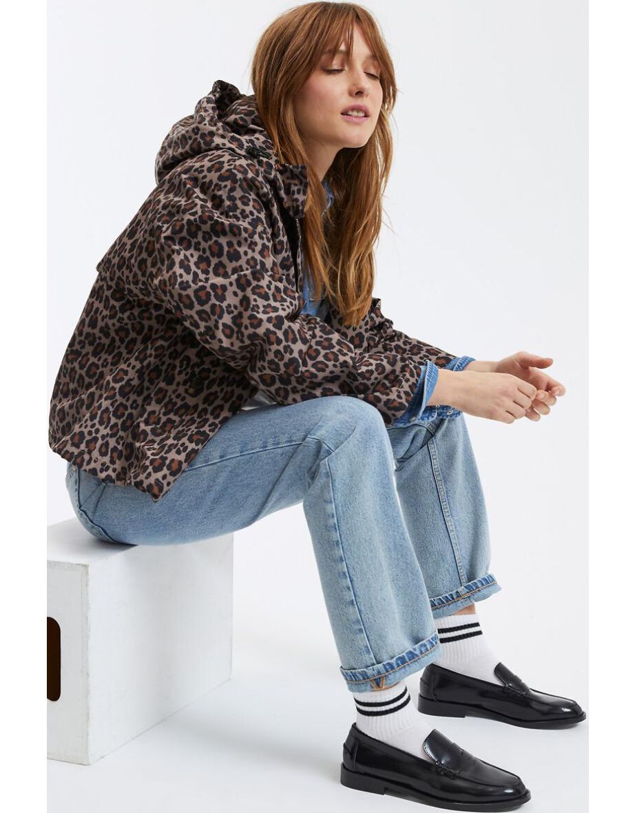 Leopard Print Short Windbreaker with Hood