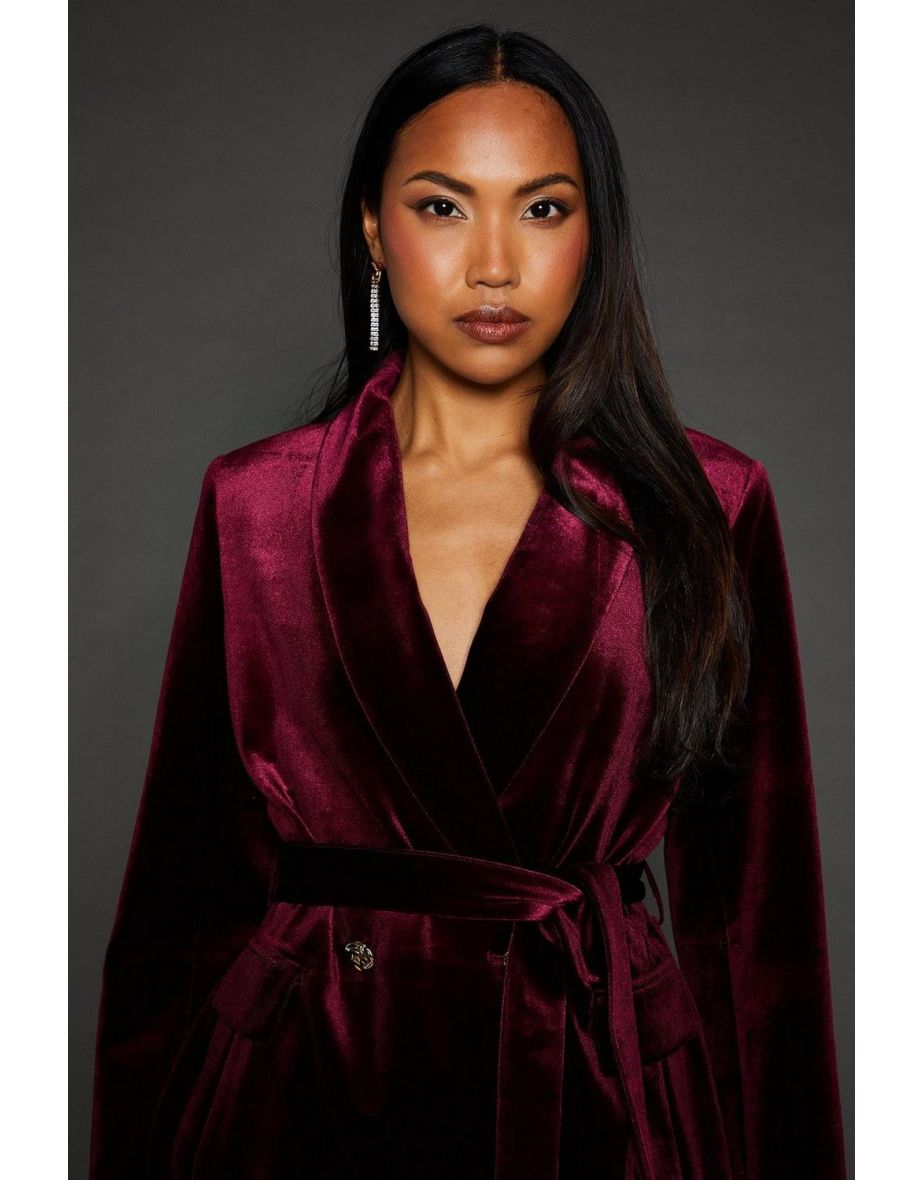 Velvet Belted Blazer - burgundy - 3