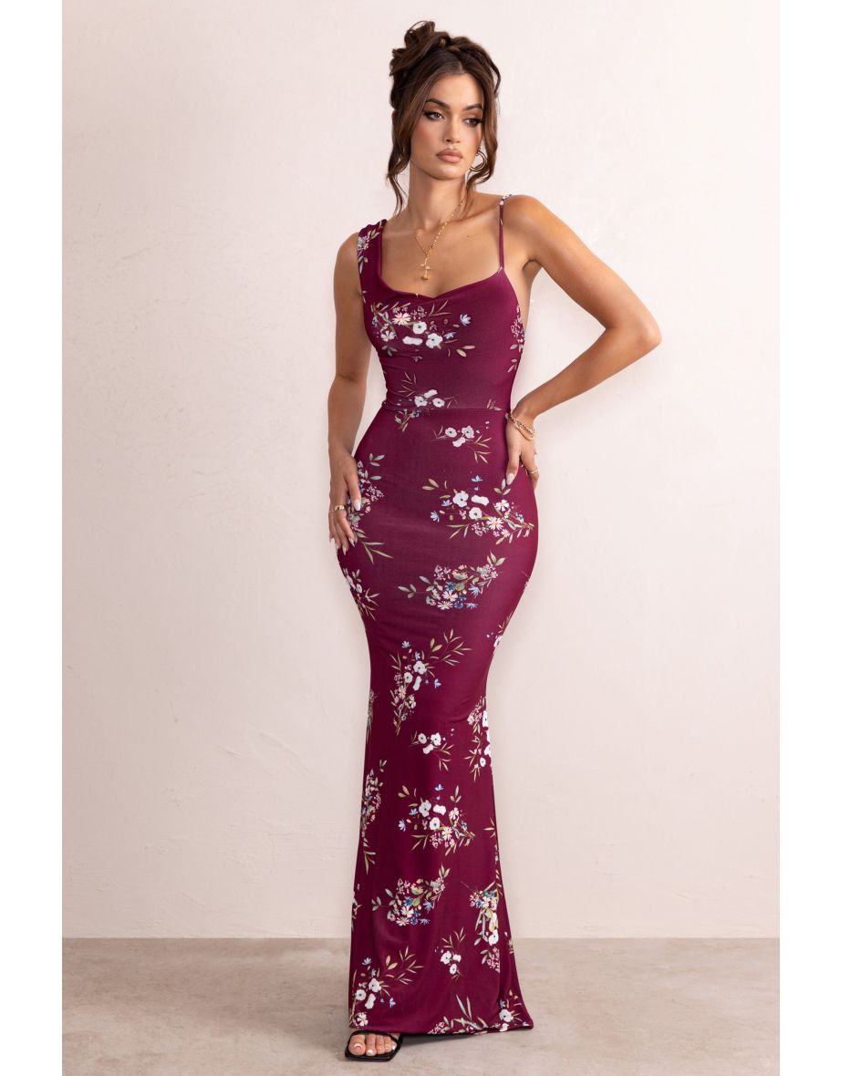 Dream of Me | Burgundy Floral Print Asymmetric Neckline Cowl Maxi Dress - 4