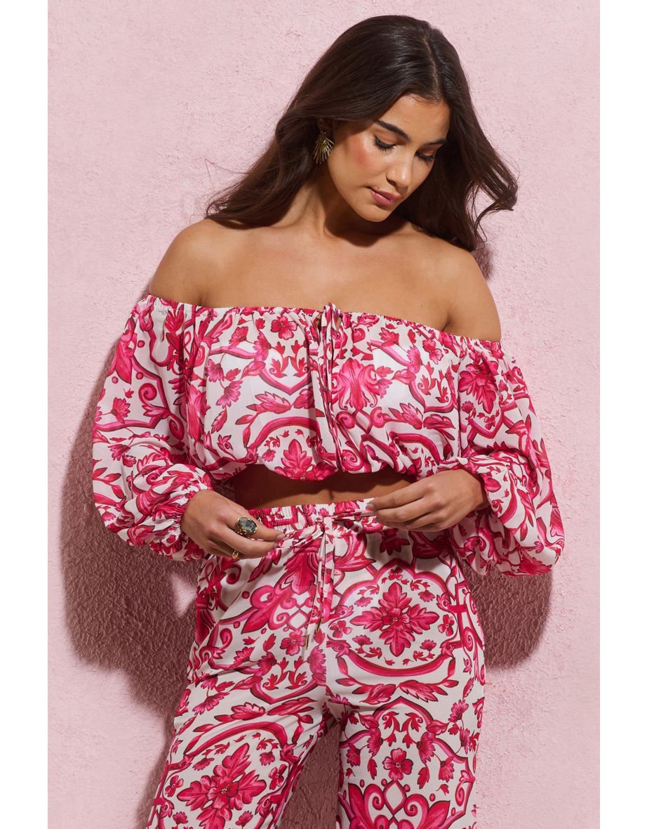 Joi | Pink Porcelain Print Chiffon Bardot Crop Top - 4
