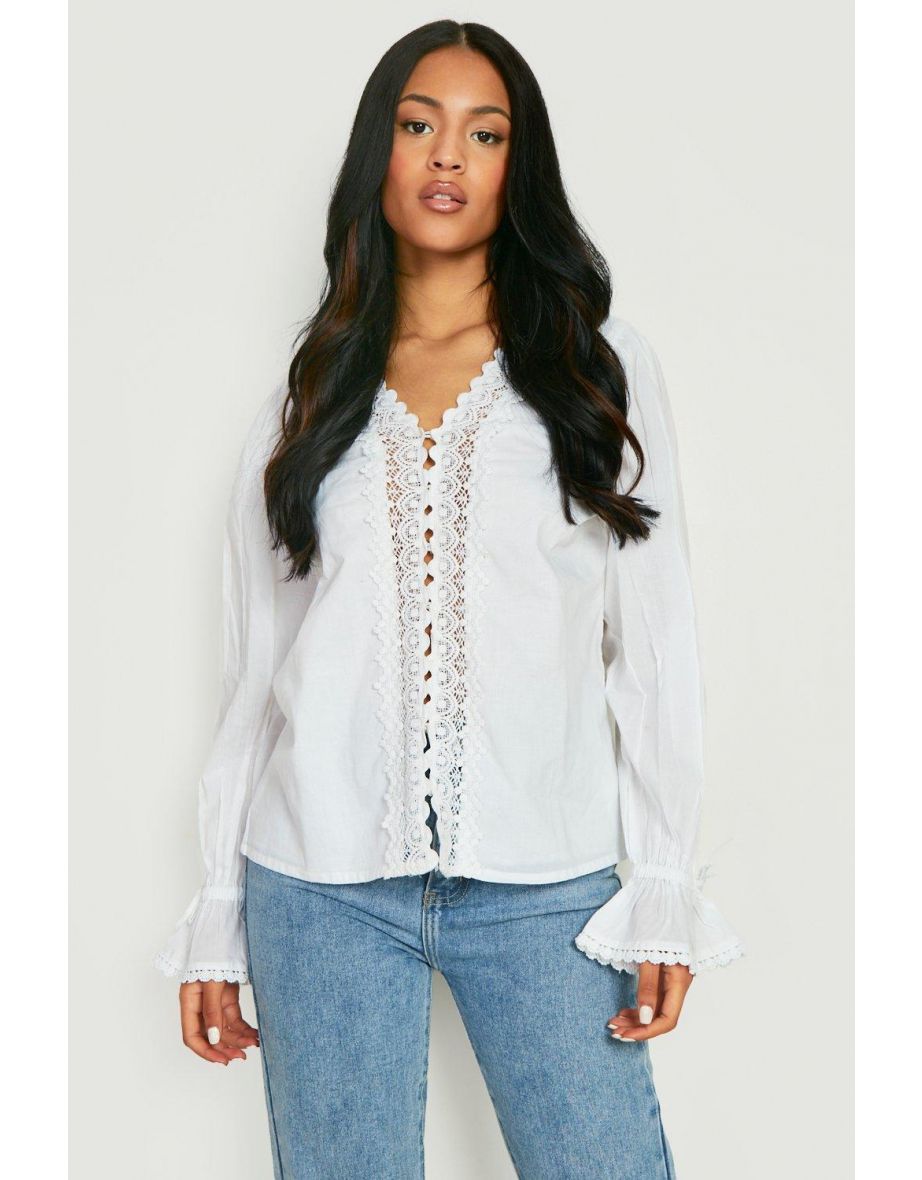 Tall Lace Detail Tie Sleeve Blouse - white