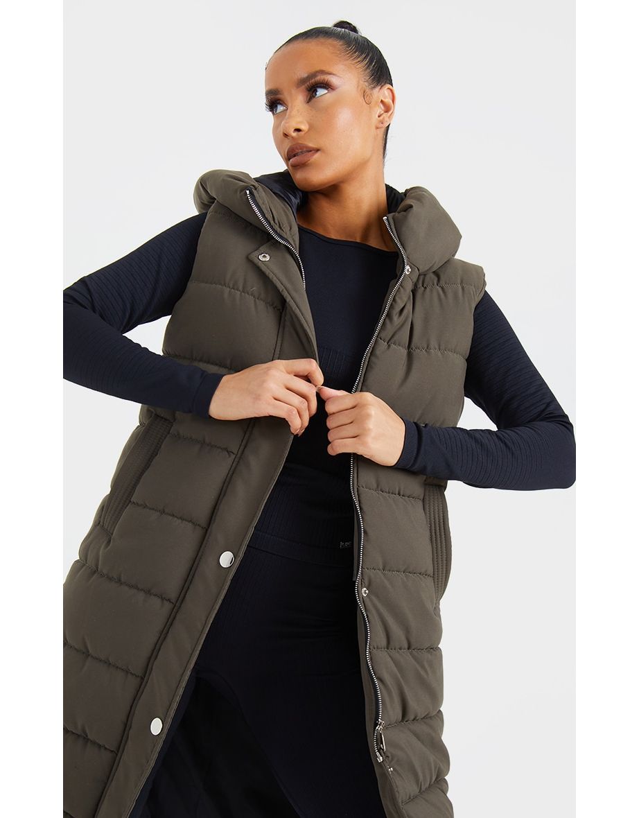 Khaki Panel Padded Longline Gilet - 3
