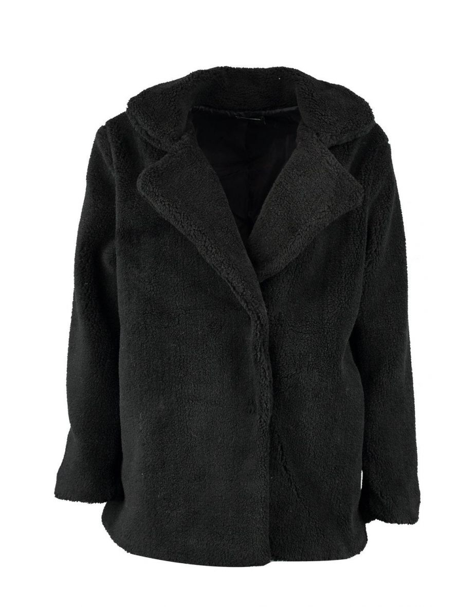 Petite Double Breasted Teddy Coat - black - 1
