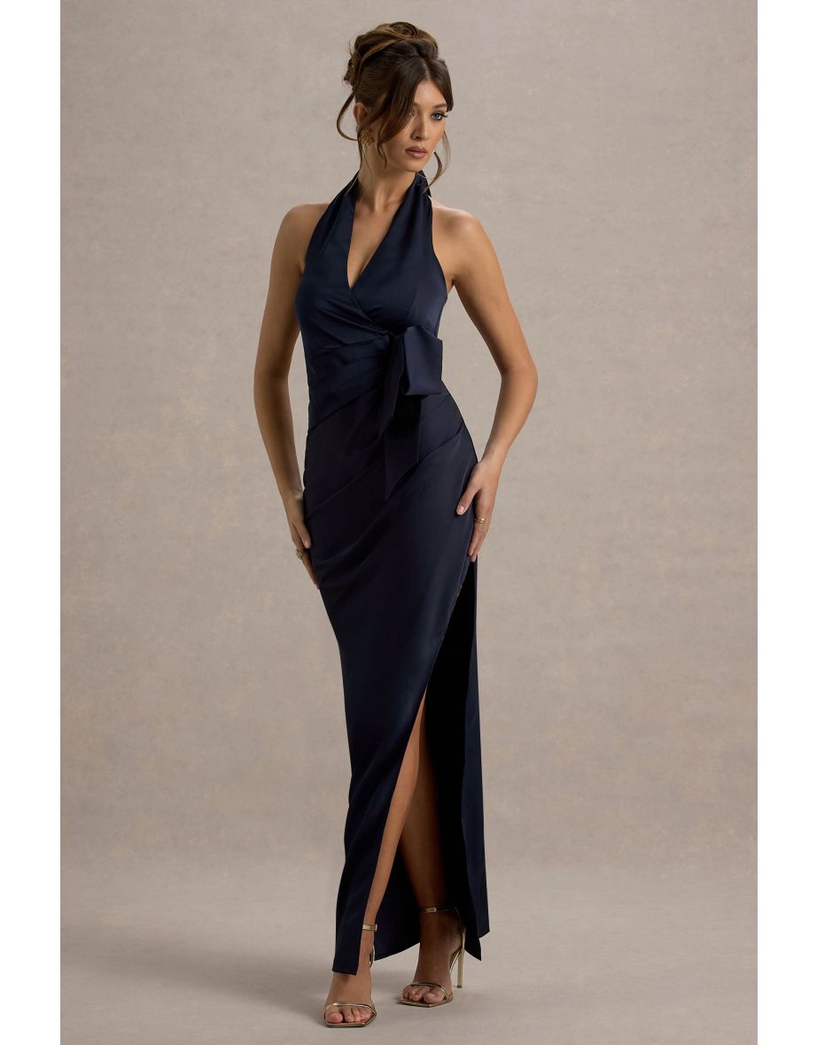 Santorini | Navy Satin Plunge-Neck Wrap Maxi Dress