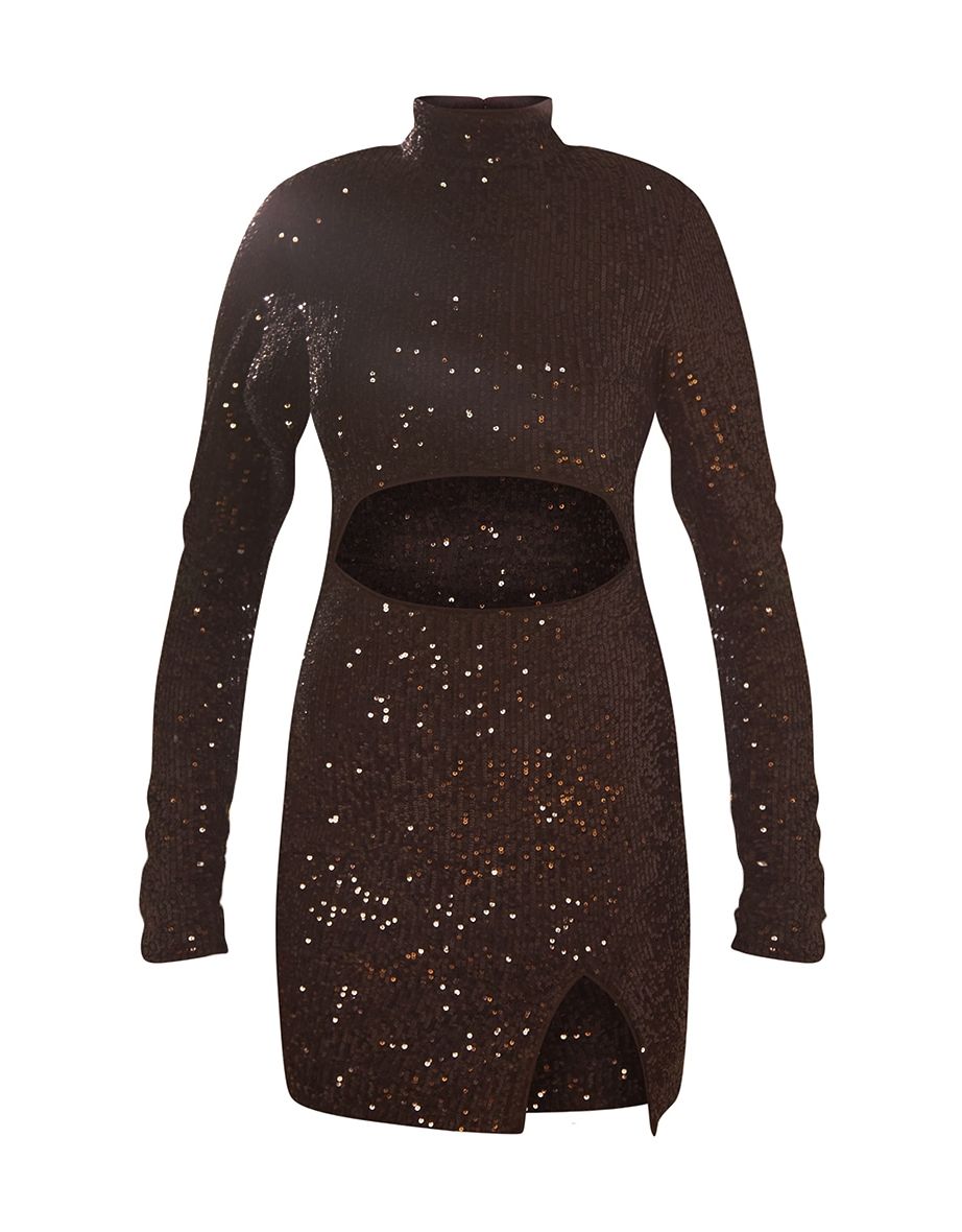 Black Sequin High Neck Long Sleeve Cut Out Split Hem Bodycon Dress - 4
