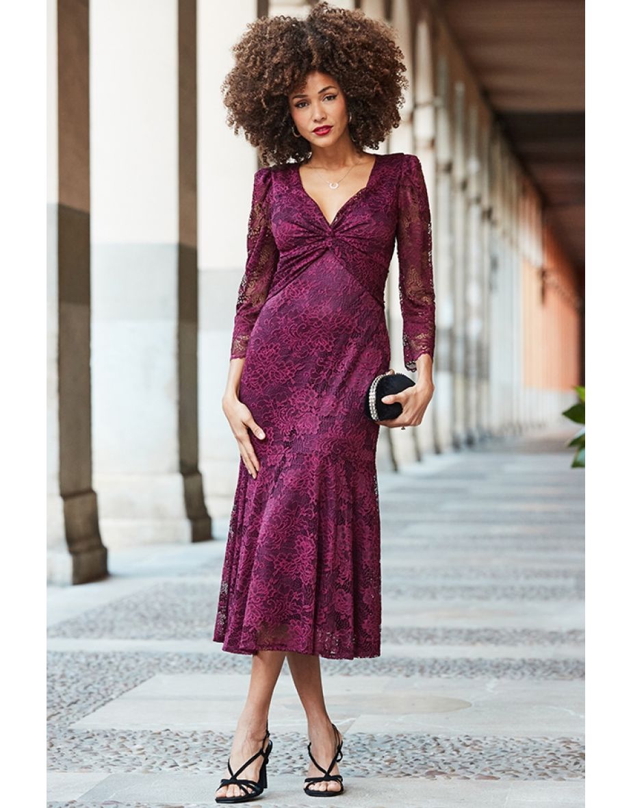 Dark Cherry Lace Twist Front Midi Dress