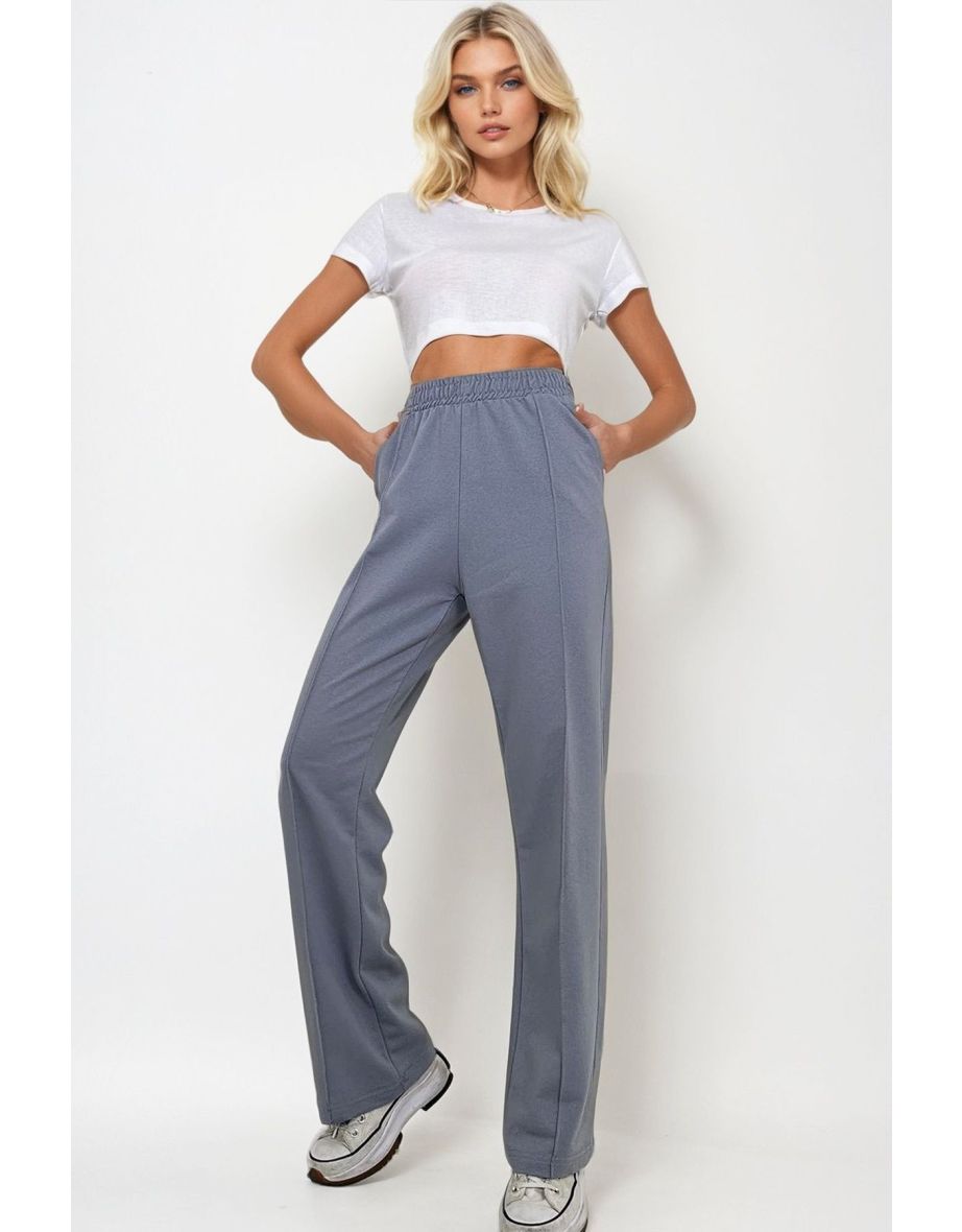 Women's Dyed Grey High Waist Front Grass Wide Leg Double Pocket Sweatpants