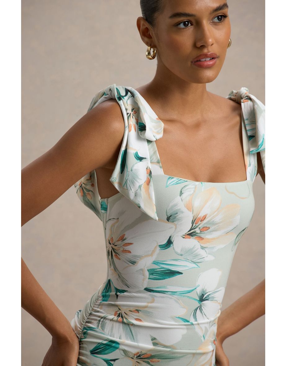 Cordelia | Green Floral Print Bodycon Midi Dress With Bow Straps - 5