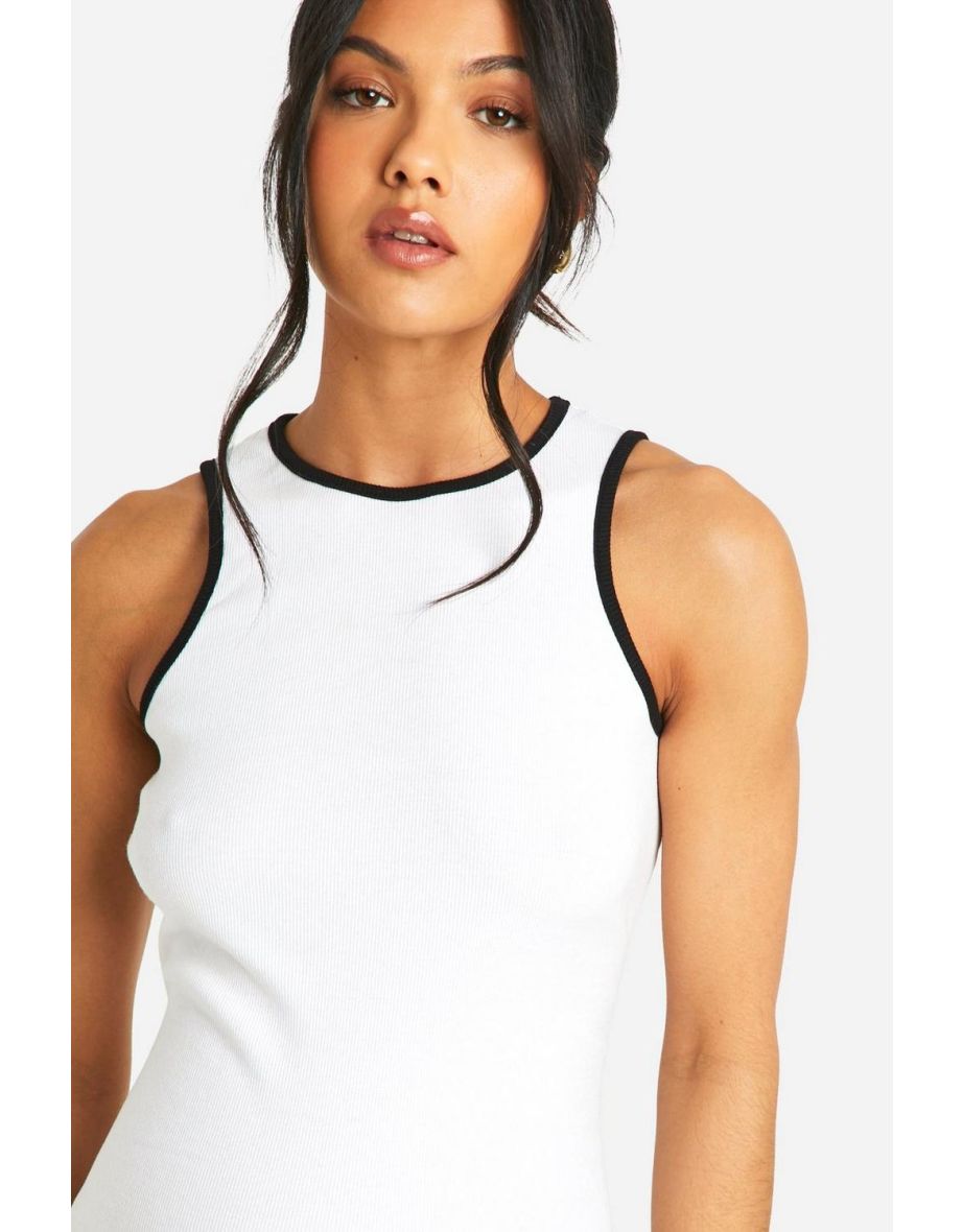 Maternity Ribbed Racer Neck Contrast Binding Midi Dress - white - 3