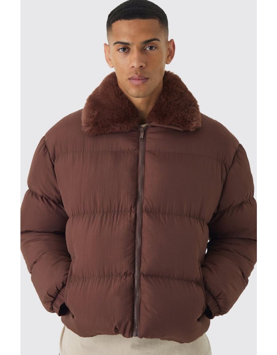 Boxy Faux Fur Collar Puffer Jacket In Chocolate - chocolate