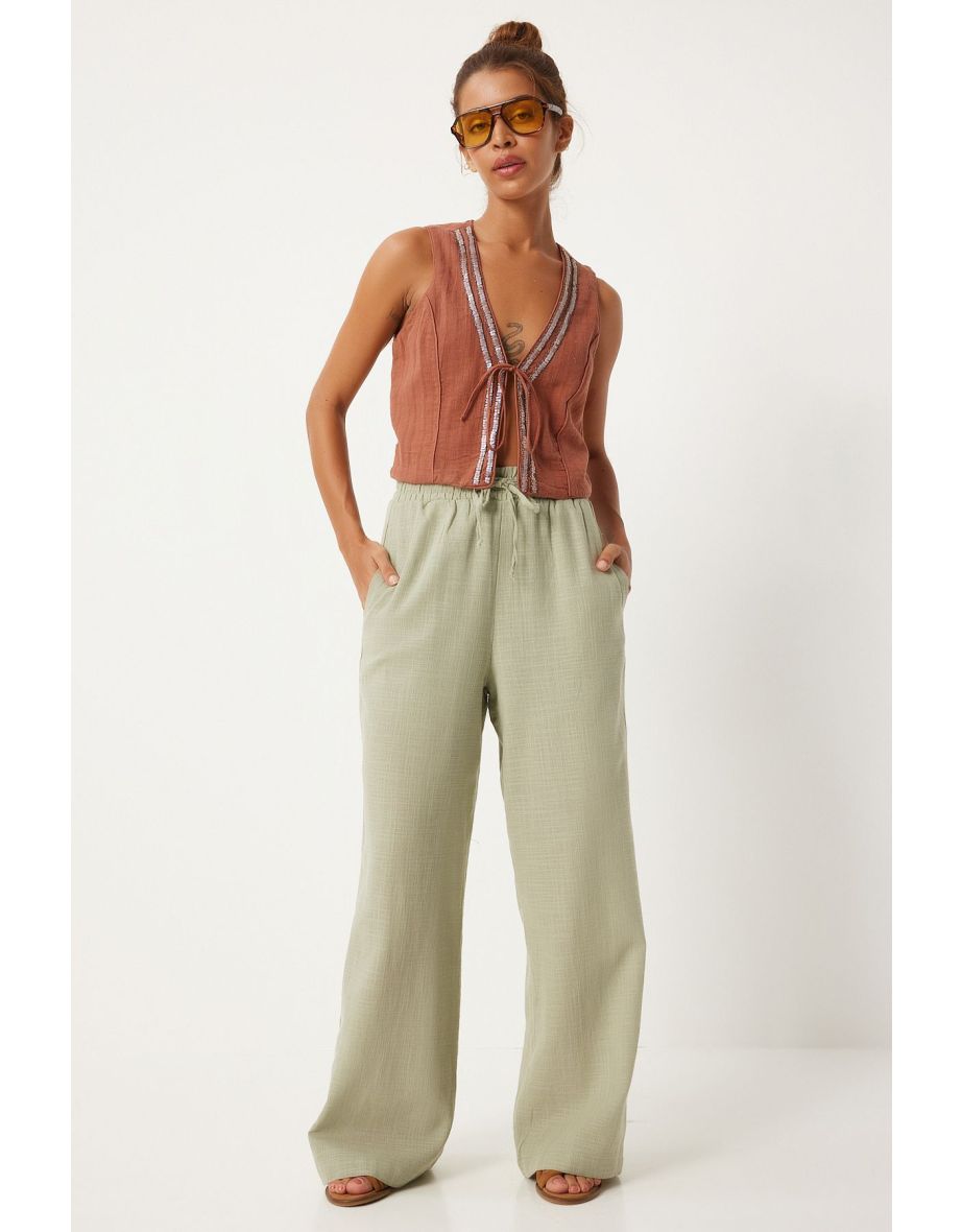 Women's Khaki Loose Cut Linen Trousers