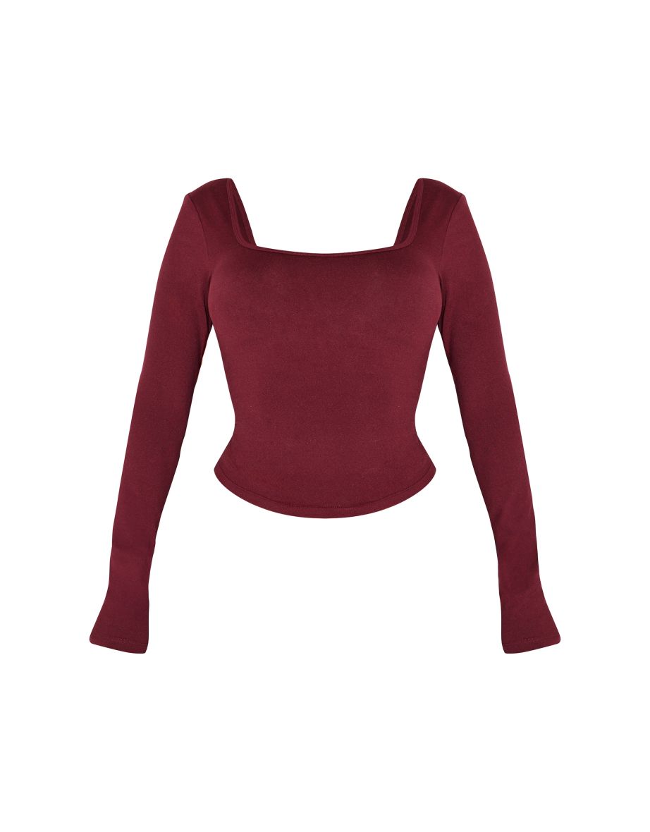 Shape Burgundy Sculpt Square Neck Long Sleeve T-shirt - 4