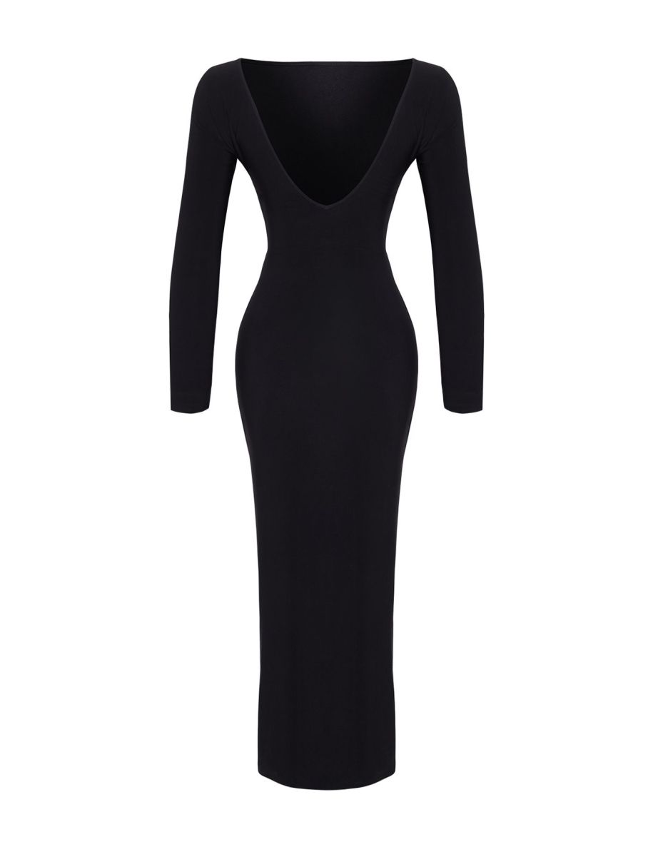 Black Boat Neck Backless Slit Fitted Maxi Flexible Knitted Dress - 7