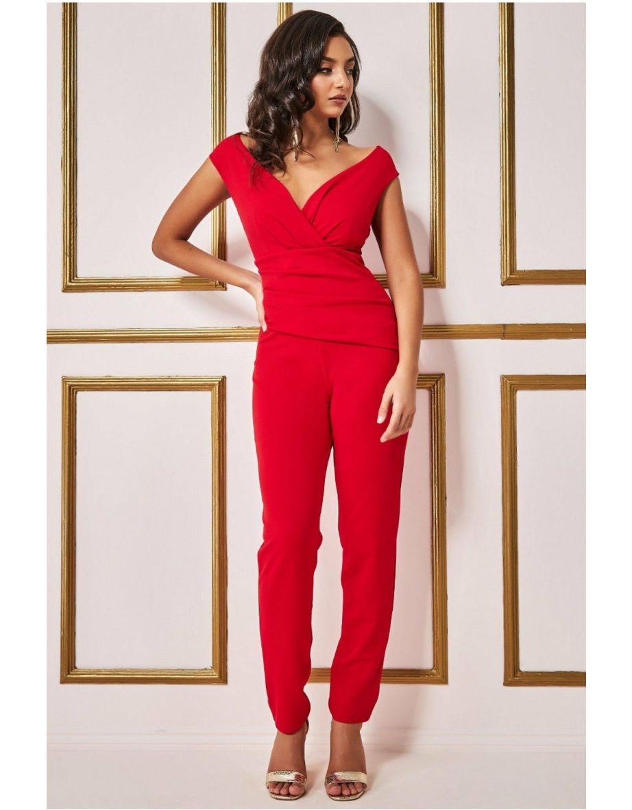 Goddiva Bardot Scuba Jumpsuit - Red