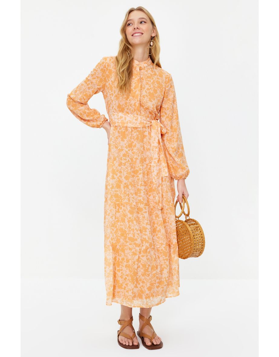 Peach Belted Lined Floral Woven