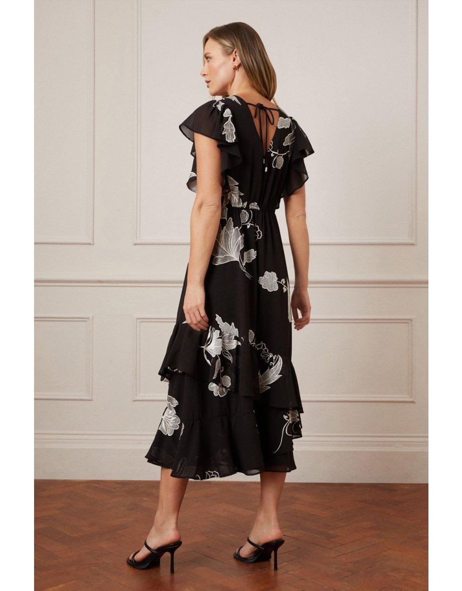 Black Floral Chiffon A-Line Midi Skater Dress with Ruffles - 2