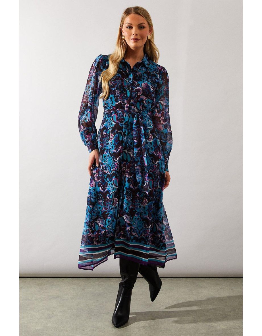 Abstract Border Print Belted Shirt Dress