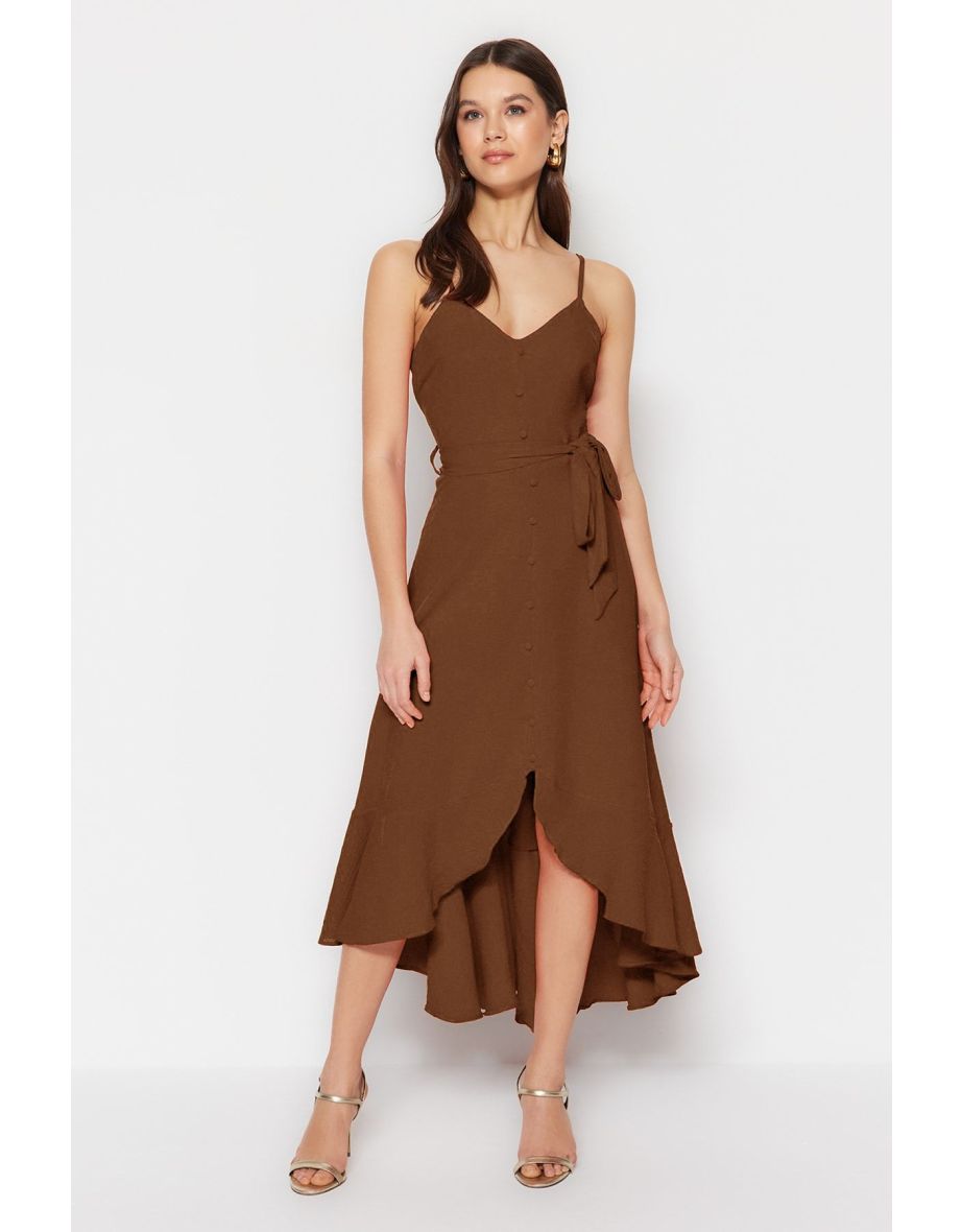 Brown Belted A-Line Flounce Button Detail Woven Maxi Dress