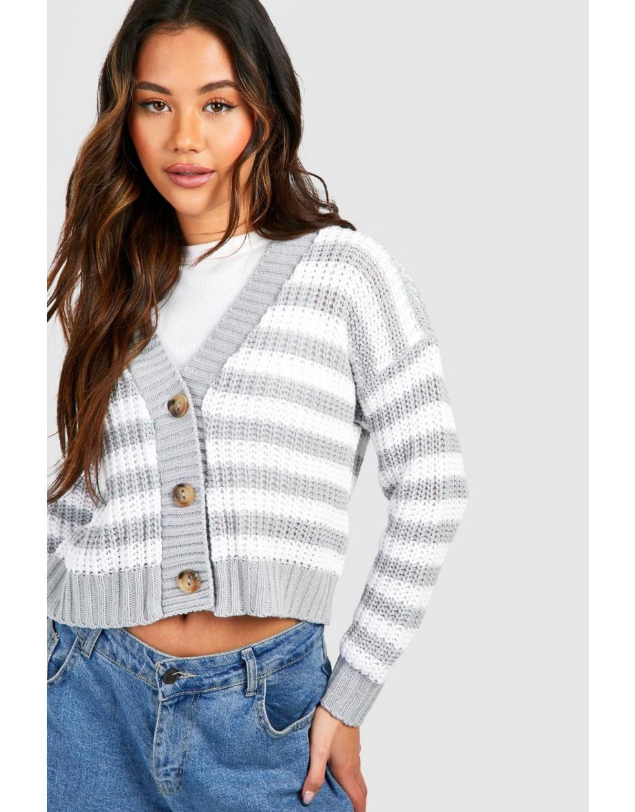 Skinny Stripe Button Through Crop Cardigan - grey - 3