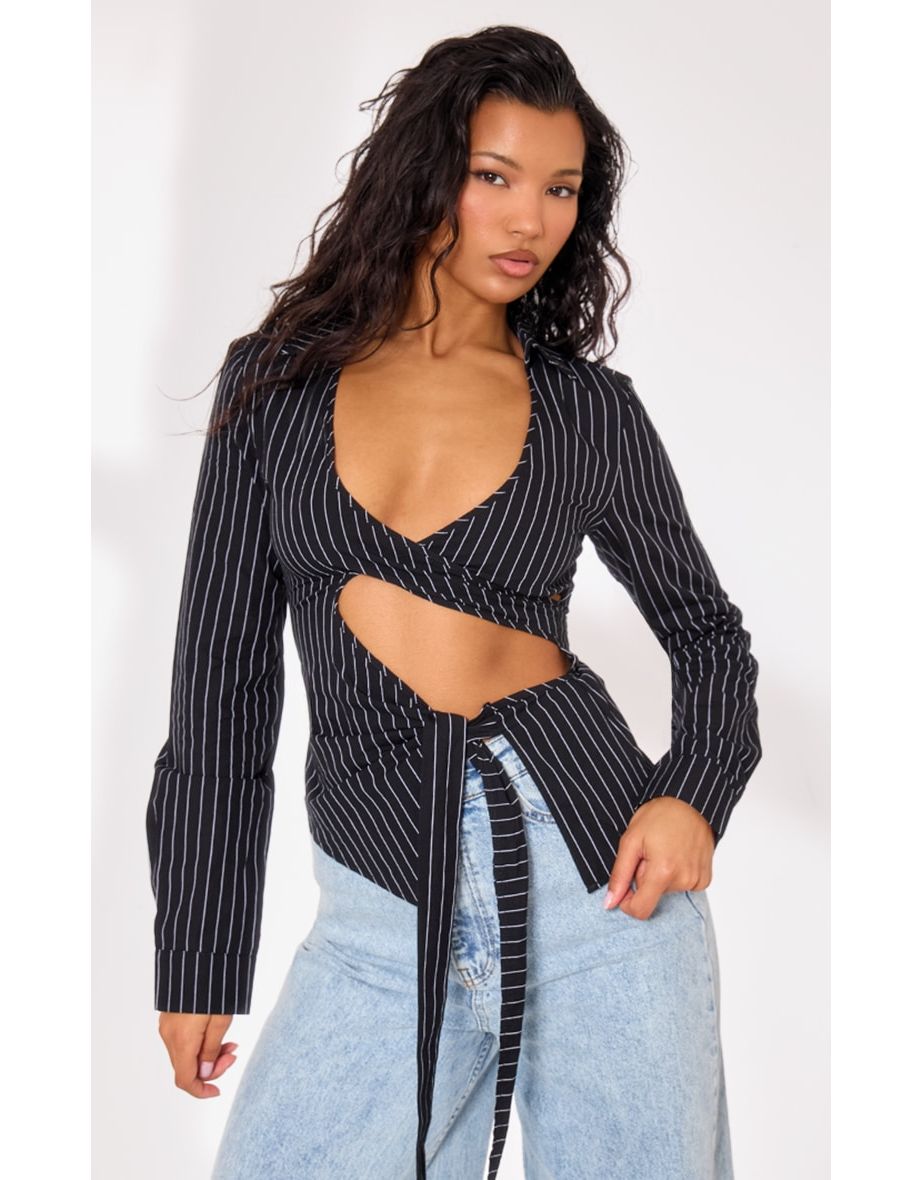 Black Pinstripe Tie Front Cut Out Shirt