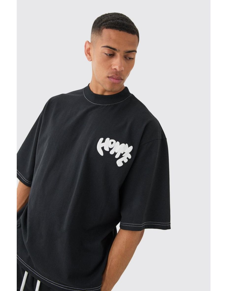 Oversized Contrast Stitch Puff Print Half Sleeve T-shirt - black - 2