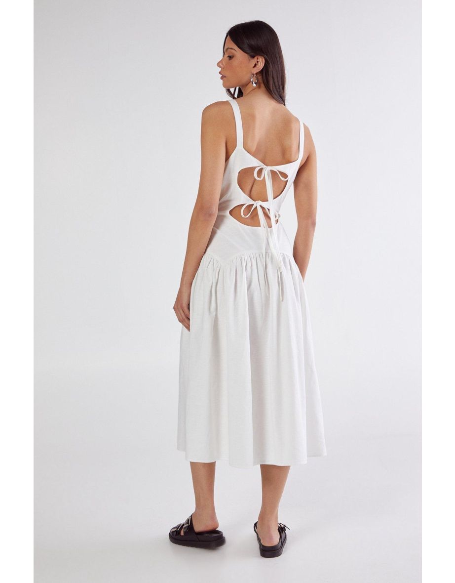 Linen Mix Drop Waist Seamed Midi Dress - 3