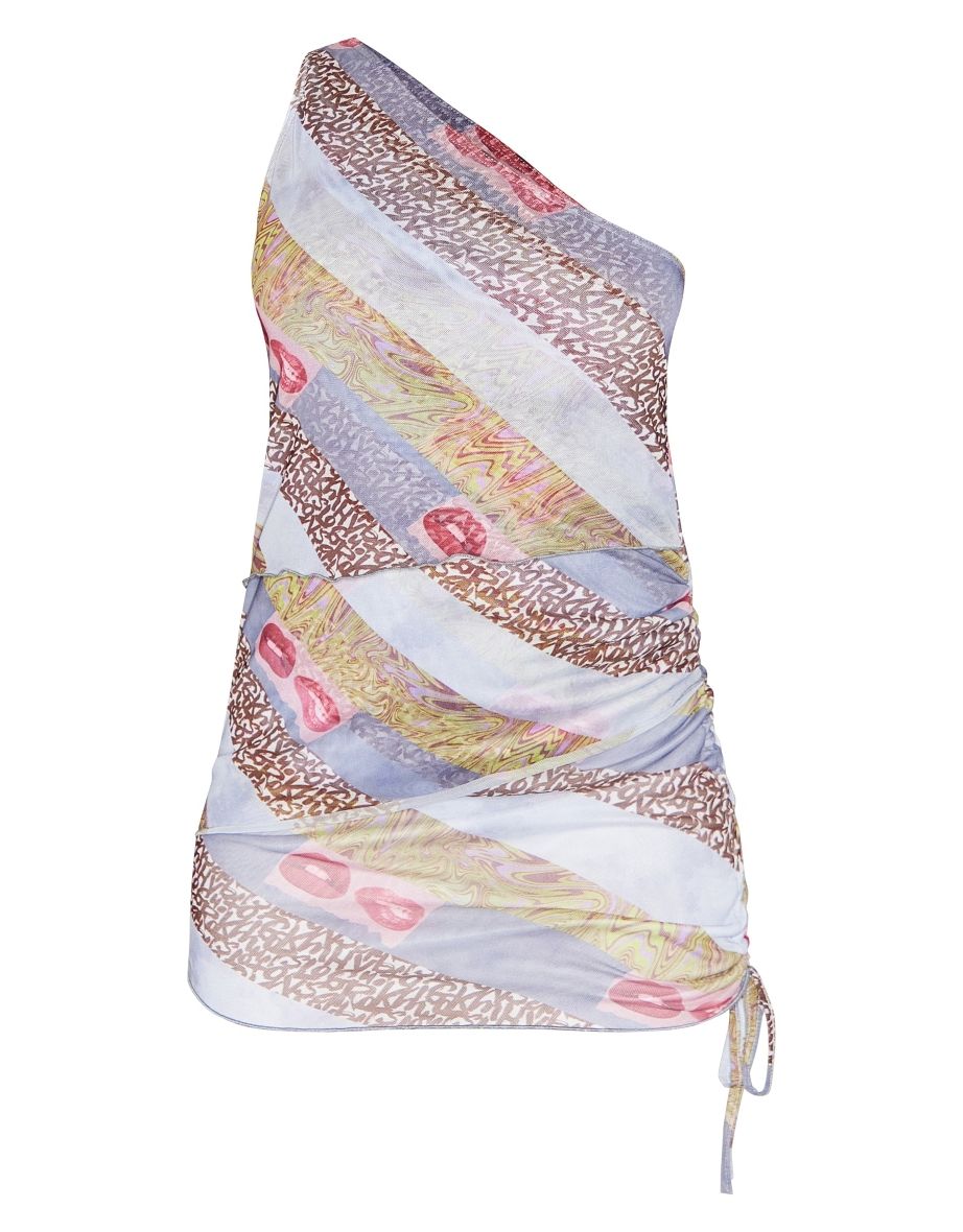 Multi Abstract Lips Print Mesh Layered One Shoulder Mini Dress - 4