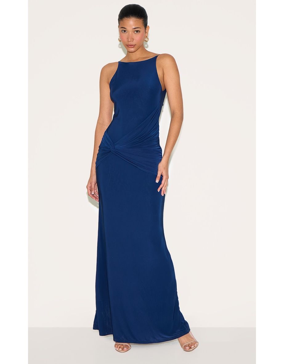 Navy Double Layer Slinky Twited Front Halter Neck Maxi Dress