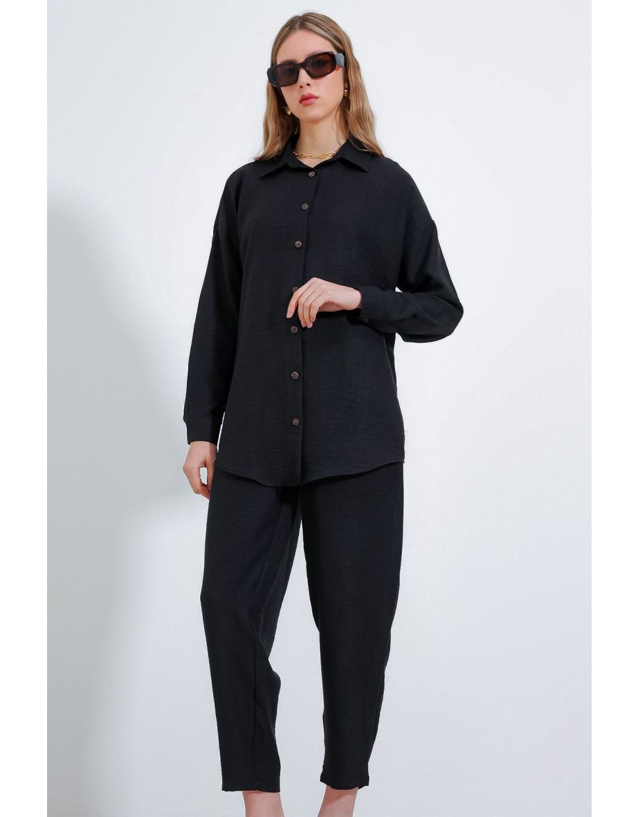 Women's Black Oversize Linen Bottom Top Set